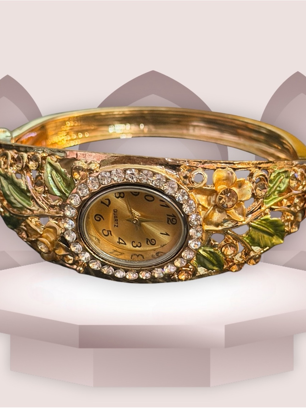 JFC Floral Enamel Rhinestone Hinged Bangle Quartz Watch Gold Tone. Works!